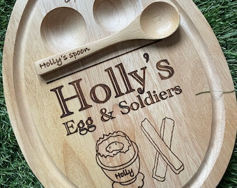 Breakfast board and spoon for child’s egg and soldiers. Personalised laser engraved. (Alternative board shapes available in my shop).