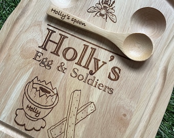 Breakfast board and spoon for egg and soldiers. Laser engraved personalisation.