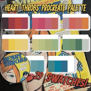 May include: A vintage comic book cover with the title "Heart Throbs Procreate Palette" and a close-up of a woman's face with tears. The image also includes a color palette with 29 swatches in various shades of red, yellow, green, and blue.