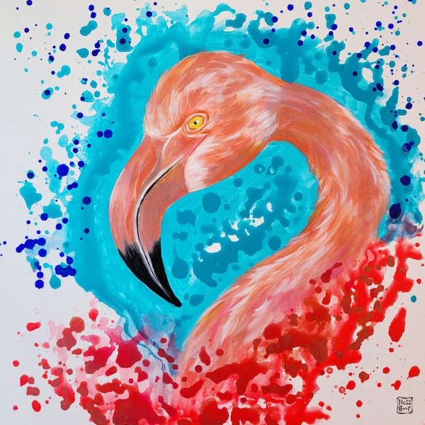 Tableau peinture acrylique flamant rose décoration fait main sur toile 50cm x 50cm