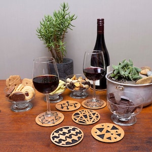 Geometric Coasters made from Fijian Cedar with Cork backing | Unique Handmade Gifts for Mother's Day | Triangular Design Bar Cart Accessory