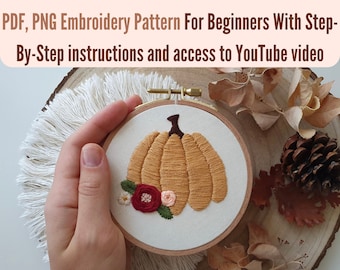 PDF Pattern - Pumpkin with flowers - Step By Step Beginner Embroidery Pattern With YouTube Tutorial