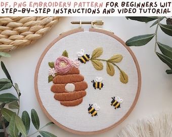 PDF, PNG - Bee Hive Embroidery Pattern - Step By Step Beginner Instructions With YouTube Tutorial