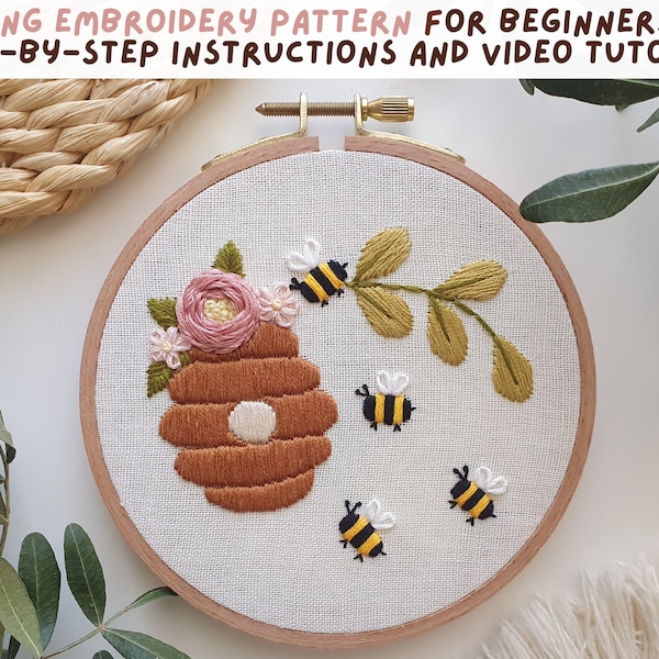 PDF, PNG - Bee Hive Embroidery Pattern - Step By Step Beginner Instructions With YouTube Tutorial