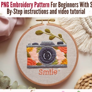 PDF, PNG - Vintage Floral Camera Embroidery Pattern - Step By Step Beginner Instructions With YouTube Tutorial