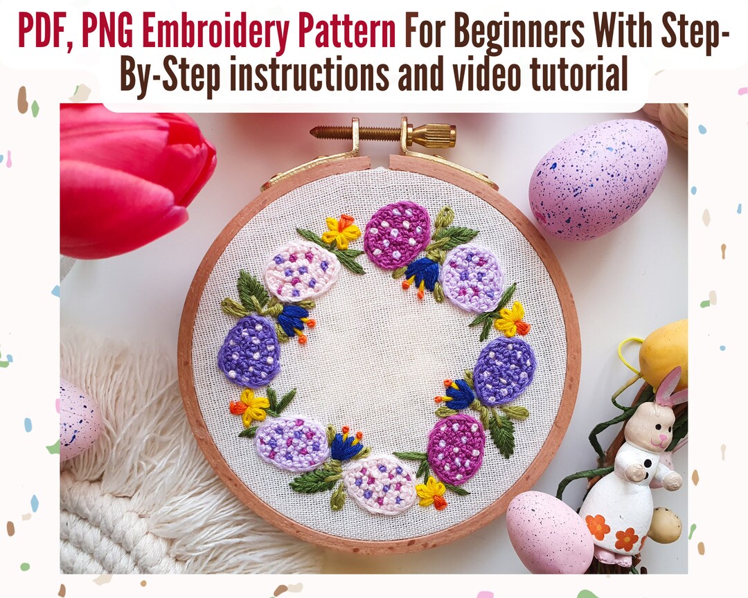 PDF, PNG - Easter Egg Wreath Embroidery Pattern - Step by Step Beginner ...
