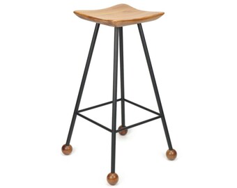 Bar Stool Counter Height, Backless, Metal, Wooden, Modern, Chair, Industrial, Island, Black, Kitchen, Round, Curvy Stool, Set of Stools