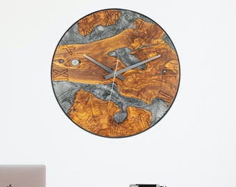 Wall Clock, Silver Epoxy Round Metal Olive Wood, Decorative, Unique, Best, Luxury, Battery, Analog, Roman Numeral, Grey, Made to Order
