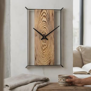 Wood Wall Clock, Rectangular Torched Wood Clock with Floating Metal Frame, Modern Cabin Decor, Horizontal Tree Ring Wall Art, Handmade