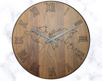 Large Round Metal Unusual Wooden Roman Numerals Wall Clock, Hanging Non Ticking Living Room Decorative Art, Best Cheap Sale Walnut World Map