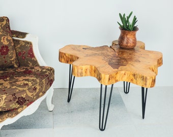 Coffee Table Extra Large Pine Wood, Natural, Luxury, Big, Stump Side, Live Edge Tree Slice, End Table for Living Room, Unusual, Unique