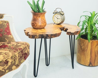 Coffee Table Unusual Unique Olive Wood Slice Small Corner, Luxury, Metal Legs, Minimalist, End Table for Living Room, Desk, Stump Side