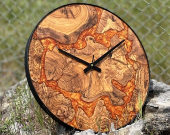 Gold Yellow Epoxy Round Metal Olive Wood Wall Clock, Decorative, Unique, Best, Luxury, Battery, Analog, Custom, Elegant, Home, Living Room