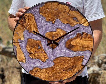 Lilac Epoxy Round Metal Olive Wood Wall Clock, Decorative, Unique, Best, Luxury, Battery Operated, Analog, Custom, Elegant, Big Living Room