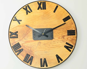 Large Metal Round Roman Numerals Wooden Rustic Wall Clock, Unique Monoblock, Hanging, Non Ticking, Office, Battery Operated, Farmhouse, Best