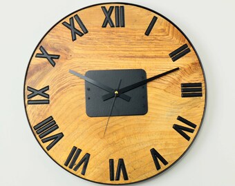 Large Metal Round Roman Numerals Wooden Rustic Wall Clock, Unique Monoblock, Hanging, Non Ticking, Office, Battery Operated, Farmhouse, Best