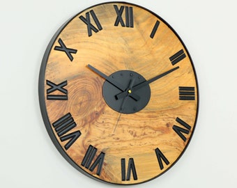 Large Metal Round Roman Numerals Wooden Rustic Wall Clock, Unique Monoblock, Hanging, Non Ticking, Office, Battery Operated, Farmhouse, Best