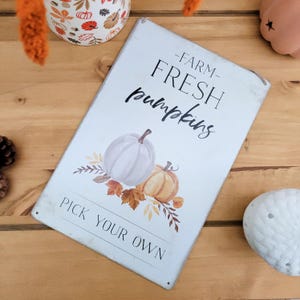 May include: A rectangular white metal sign featuring the black text -FARM- FRESH pumpkins and PICK YOUR OWN. The design includes a central illustration of a light grey pumpkin and a smaller orange pumpkin surrounded by brown and orange autumn leaves.
