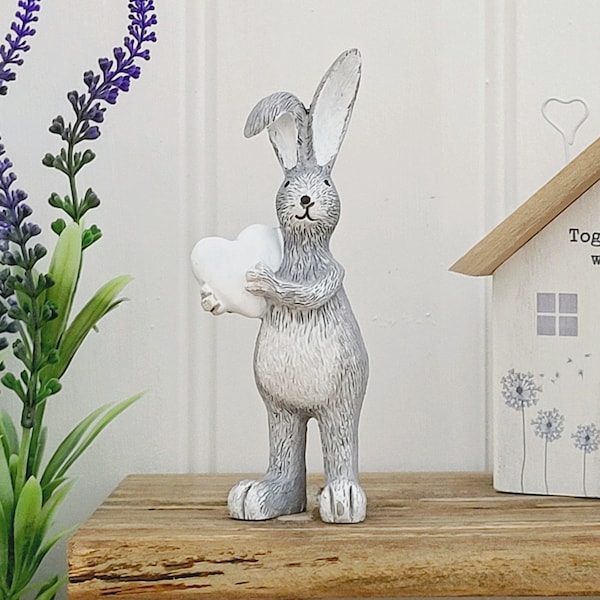 Grey Easter Bunny Rabbit Ornament Holding White Heart Easter Decorations Spring Decor House Ornaments