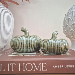 Glazed Ribbed Green Ceramic Pumpkin Ornament, Pumpkin Set, Autumn Home Decor