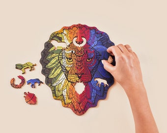 LION SHAPED PUZZLE Small - Wooden Jigsaw Puzzles, Animal Shaped Pieces, Great gift for adults and kids. Mother's Day Gift Idea!