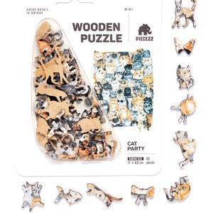 Cat Lover Wooden Puzzle Pocket size 40 pcs  - Cat Party - Unique Puzzle for Kids and Adults, 4.3 x 3.5 in. Christmas Gift Idea!
