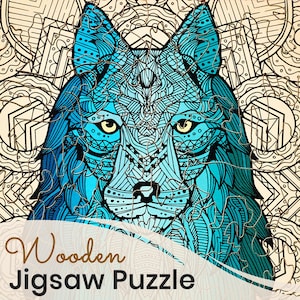 May include: A wooden jigsaw puzzle featuring a blue and white wolf with intricate mandala-like patterns. The puzzle is called "Wooden Jigsaw Puzzle".