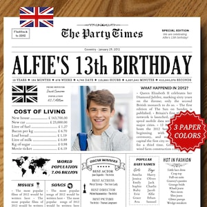 Journal pour 13e anniversaire Royaume-Uni imprimable, faits nés en 2012, cadeau pour les filles, carte d'anniversaire de fils, décoration d'anniversaire d'adolescent, téléchargements pour le 13e anniversaire