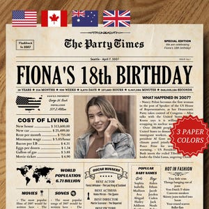 18th Birthday Newspaper Poster: Back in 2007, Printable Keepsake (Digital Download