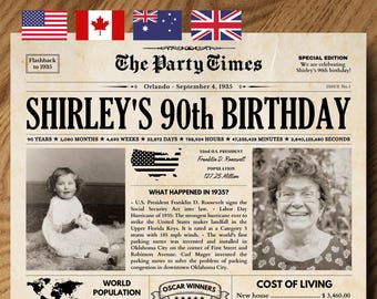 90th Birthday Gift for Grandma or Grandpa, 1935 Birthday Poster, 90th Birthday Decorations, Born in 1935 Newspaper Printable