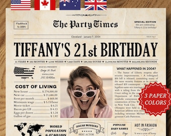 21st Birthday Gift for Her or Him, 2004 Birthday Newspaper, Back in 2004 Printable Poster, 21st Birthday Card, Digital Download
