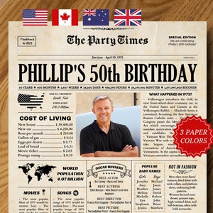 50歳の誕生日の新聞ポスター、1975年の新聞、女性または男性への50歳の誕生日プレゼント、50年前の1975年、50歳の誕生日のデコレーション