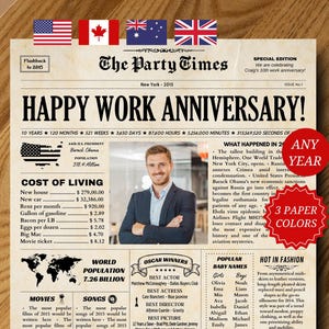 Regalo de aniversario de trabajo, regalo personalizado para empleados, regalo de trabajo de 10 años, regalo de trabajo de 25 años, periódico de feliz aniversario, póster de cualquier año