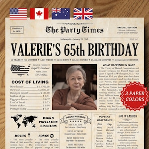 65th Birthday Gift for Men or Women, 1960 Newspaper Poster Sign PRINTABLE,  65th Birthday Newspaper, Back in 1960 Highlights, 1960 Fun Facts