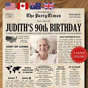 90th Birthday Gift for Grandma or Grandpa, 1935 Birthday Poster, 90th Birthday Newspaper Sign, 90 Years Ago Back in 1935 Highlights