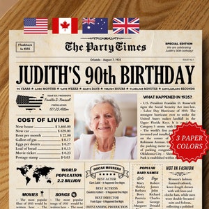 Cadeau du 90e anniversaire pour grand-mère ou grand-père, affiche d'anniversaire de 1935, enseigne de journal pour le 90e anniversaire, il y a 90 ans, retour en 1935