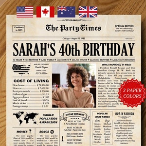 Presentes de 40º aniversário para mulheres, melhor amiga, placa de jornal de aniversário de 1985, decorações para festa de 40º aniversário para homens, 40 anos atrás, em 1985