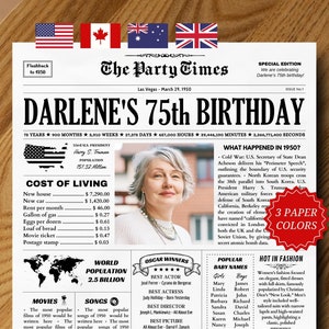 75. Geburtstag Zeitungsschild 1950, 75. Geburtstagsgeschenk für Frauen oder Männer, vor 75 Jahren, 1950, personalisierte Zeitung 75.Geburtstagskarte