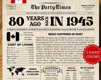 1945 in CANADA, 80th Birthday Newspaper Sign, 80 Years ago Back in 1945 Poster, 80th Birthday Cards DIGITAL DOWNLOAD, Printable Party Decor