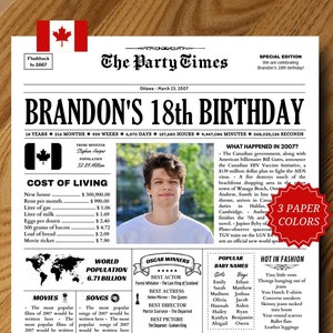 Afiche de 2007, regalos para niños y niñas que cumplen 18 años, letrero de periódico para el 18.° cumpleaños, en 2007, Canadá, decoraciones imprimibles para el 18.° cumpleaños