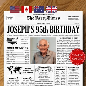 おばあちゃんやおじいちゃんへの 95 歳の誕生日プレゼント、1930 年のポスター、95 歳の誕生日の新聞看板、印刷可能な誕生日パーティーの飾り
