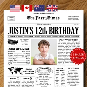 Póster de periódico para el 12.° cumpleaños, regalo para el 12.° cumpleaños, hace 12 años en 2013, decoraciones para fiestas de cumpleaños IMPRIMIBLES, periódico 2013