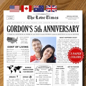 5周年記念ギフト、印刷可能な結婚新聞、夫への5年結婚記念日ギフト、妻へのギフト、5周年記念カード