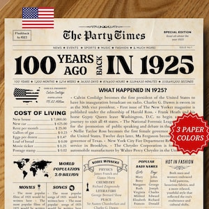 100.Geburtstags-Zeitungsschild, 1925.Geburtstagsplakat, 100.Geburtstagsgeschenk, 1925er-Highlights, 100.Geburtstags-Dekoration zum Ausdrucken!