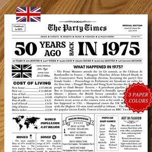 1975 UK Poster, 50th Birthday Newspaper Sign, Back in 1975, 50th Birthday Gift, Birthday Party Decorations, 50th Birthday Cards Printable