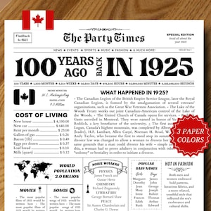 1925 Canadá, pôster de jornal do 100º aniversário, ideia de presente para o 100º aniversário, decorações para festa de aniversário para impressão, destaques do Canadá de 1925