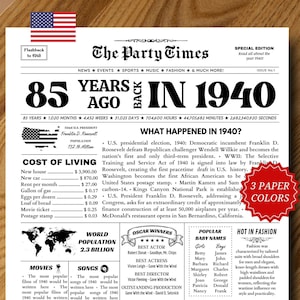 1940 85e verjaardag krantenposter, 85e verjaardagscadeau voor mannen of vrouwen, wat er in 1940 gebeurde, 85 jaar geleden in 1940 Hoogtepunten.