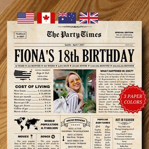18.Geburtstag Geschenk für Mädchen und Jungen, Zeitungsposter zum 18.Geburtstag, vor 18 Jahren, 2007, Dekorationen zum 18.Geburtstag, Zeitung 2007