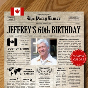 1965年60歳の誕生日を記念したカナダの新聞、男性または女性への60歳の誕生日プレゼント、1965年当時の新聞ポスター、印刷可能な誕生日デコレーション