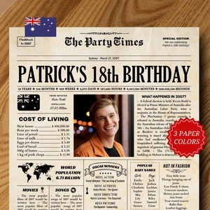 Presentes de aniversário de 18 anos, 2007 AUSTRÁLIA, Placa de jornal de aniversário de 18 anos, 18 anos atrás em 2007 Imprimir australiano, Decorações de aniversário para impressão